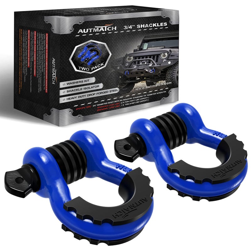 AUTMATCH حلقة د شاكلة AUTMATCH 3/4" (عبوة 2) قوة كسر 41,887 رطل - شاكلة كليفس مع دبوس لولبي 7/8" ومجموعة غسالة عازلة للشاكلة لسحب حزام ونش استرداد المركبات على الطرق الوعرة، أزرق وأسود - Image 1